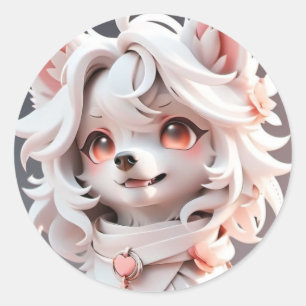 pluizig roze en witte puppy ronde sticker