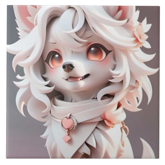 pluizig roze en witte puppy tegeltje (Voorkant)