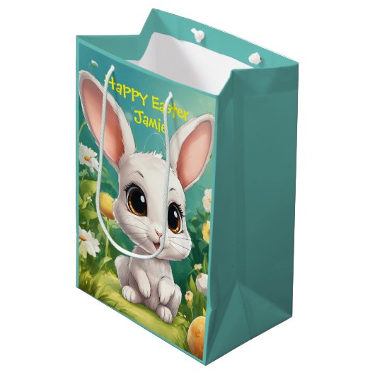 🌷 pluizig wit konijn met lentebloemen 🐰 medium cadeauzakje (Voorkant Gekanteld)