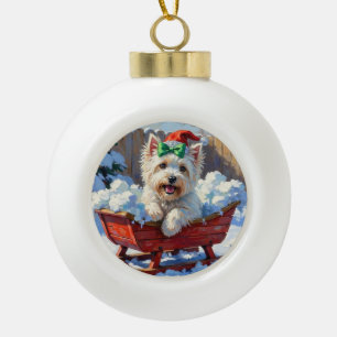 Pluizige Coton de Tulear-hond Vintage Kerstslede Keramische Bal Ornament
