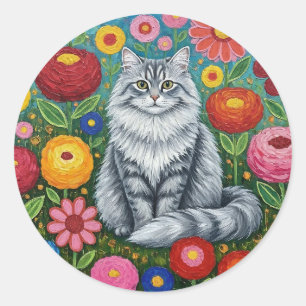 Pluizige Grijze Gestreepte Kat met Volkskunst Bloe Ronde Sticker