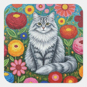 Pluizige Grijze Gestreepte Kat met Volkskunst Bloe Vierkante Sticker
