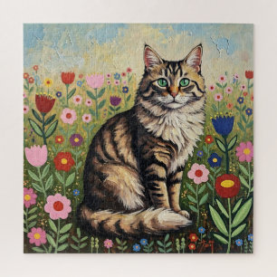 Pluizige Grijze Lapjeskat en Volkskunst Bloemen Legpuzzel