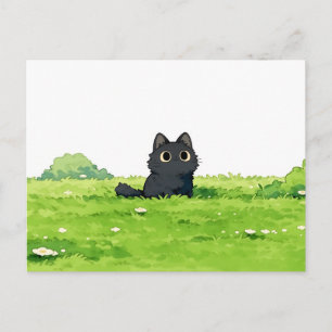 Pluizige Groene Struik Kawaii Zwarte Kat Briefkaart