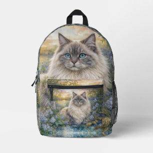 Pluizige Himalaya Kat In Paarse Tuin bij Zonsopgan Bedrukte Rugzak