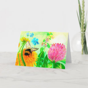 Pluizige hommel op een paardenbloem kaart