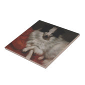 Pluizige Hond Zittend op een Kussen (Gustave Courb Tegeltje (Zijkant)