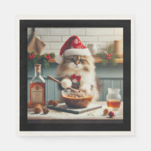 Pluizige kat bakt drankrijke kerstpudding