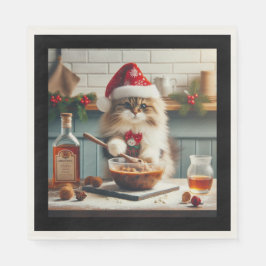 Pluizige kat bakt drankrijke kerstpudding servet