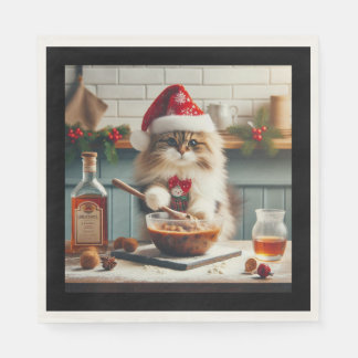 Pluizige kat bakt drankrijke kerstpudding servet
