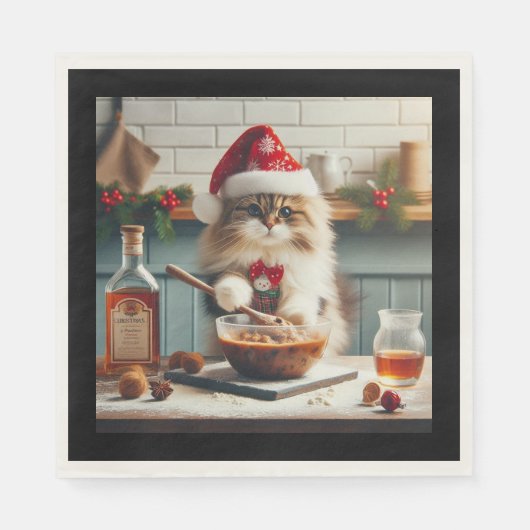 Pluizige kat bakt drankrijke kerstpudding servet (Voorkant)
