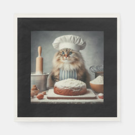 Pluizige kat bakt een taart servet