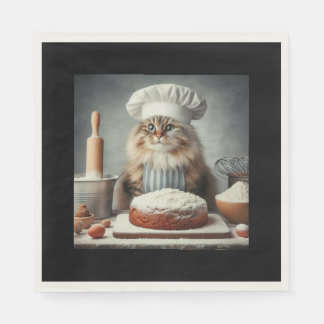 Pluizige kat bakt een taart servet