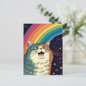 Pluizige kat in de ruimte met regenboog briefkaart (Staand voorkant)