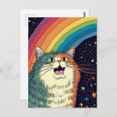 Pluizige kat in de ruimte met regenboog briefkaart (Voorkant / Achterkant)