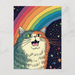 Pluizige kat in de ruimte met regenboog briefkaart