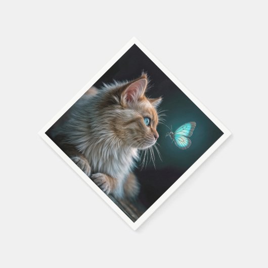 Pluizige kat met een gloeiende neonvlinder servet (Hoek)