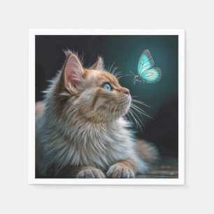 Pluizige Kat Met een Lichtgevende Neon Vlinder Servet