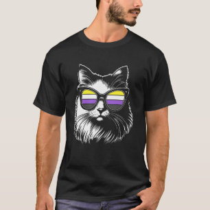 Pluizige kat met non-binaire trotsbril Funny Enby T-shirt