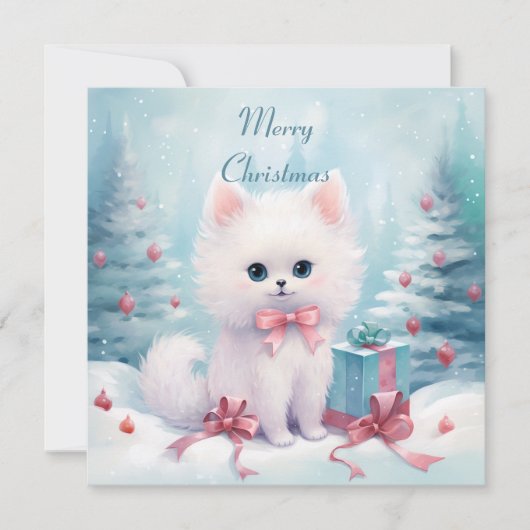 Pluizige kat met roze strik feestdagenkaart (Voorkant)