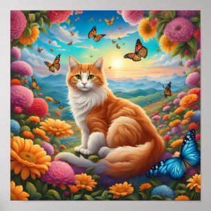 Pluizige kat zitten in een veld van bloemen poster