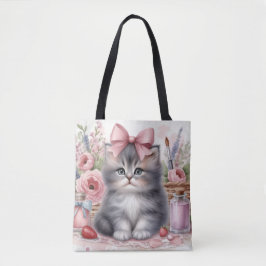 PLUIZIGE KITTEN MET BLOEMEN EN EEN ROZE STRIK TOTE BAG
