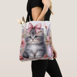 PLUIZIGE KITTEN MET BLOEMEN EN EEN ROZE STRIK TOTE BAG