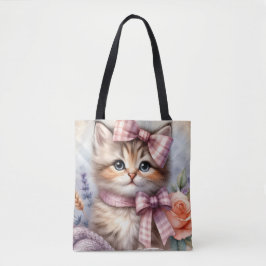 PLUIZIGE KITTEN MET BLOEMEN EN EEN ROZE STRIK TOTE BAG