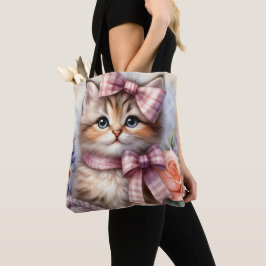 PLUIZIGE KITTEN MET BLOEMEN EN EEN ROZE STRIK TOTE BAG