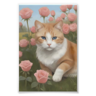 Pluizige Oranje Kat met Tuinrozen Foto Afdruk