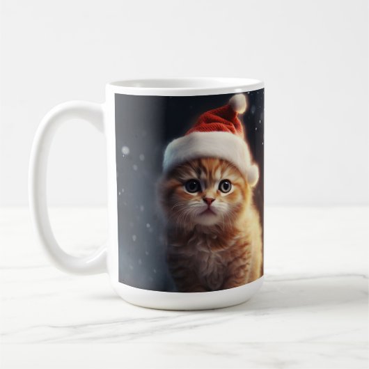 PLUIZIGE ORANJE KITTEN MET SCHATTIGEE KERSTMUTS KOFFIEMOK (Links)