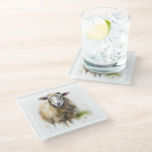 Pluizige schapen in de wei glazen onderzetter (Schuin)