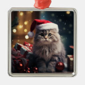 PLUIZIGE VAKANTIE KERSTGRIJZE TABBY KITTEN METALEN ORNAMENT (Voorkant)