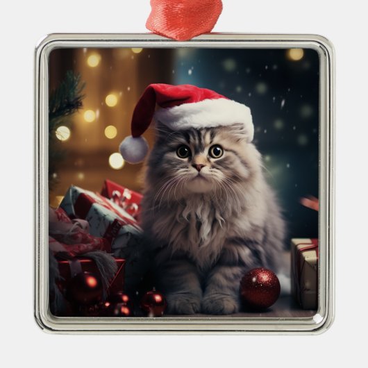 PLUIZIGE VAKANTIE KERSTGRIJZE TABBY KITTEN METALEN ORNAMENT (Voorkant)