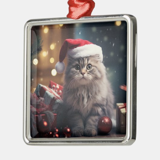 PLUIZIGE VAKANTIE KERSTGRIJZE TABBY KITTEN METALEN ORNAMENT (Links)