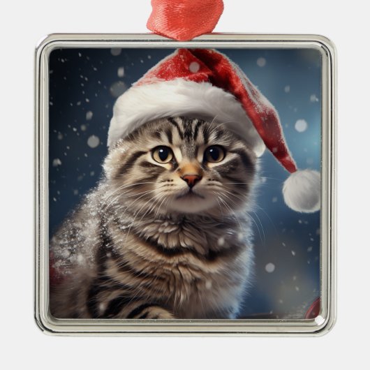 PLUIZIGE VAKANTIE KERSTMIS BRUIN TABBY KITTEN METALEN ORNAMENT (Voorkant)