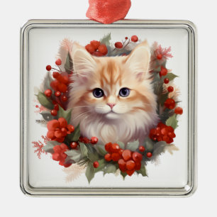 PLUIZIGE WATERVERF VAKANTIE KERST SINAASAPPEL KAT METALEN ORNAMENT