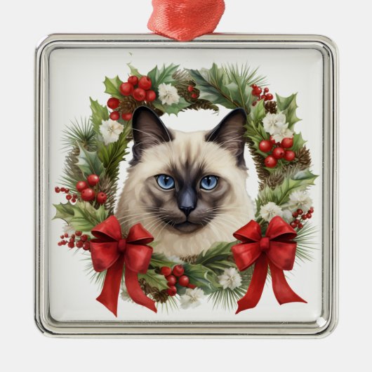 PLUIZIGE WATERVERF VAKANTIE KERSTMIS SIAMESE KAT METALEN ORNAMENT (Voorkant)