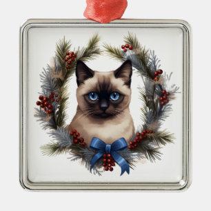 PLUIZIGE WATERVERF VAKANTIE KERSTMIS SIAMESE KAT METALEN ORNAMENT