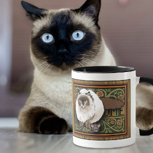 Pluizige Welkom Siamese Kat Muis Vintage Mok
