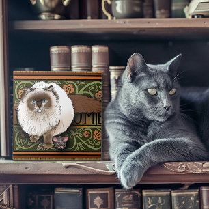 Pluizige Welkom Siamese Kat Muis Vintage Tegeltje