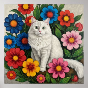 Pluizige Witte Kat en Volkskunst Bloemen Poster