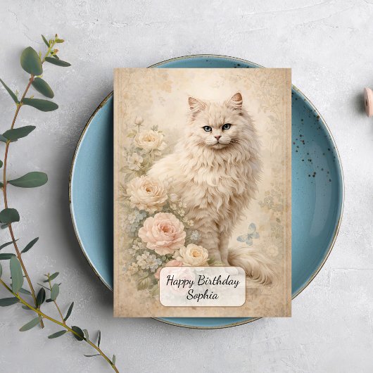 Pluizige Witte Kat met Rozen Kaart