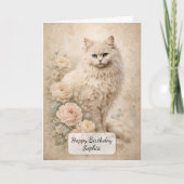 Pluizige Witte Kat met Rozen Kaart (Voorkant)