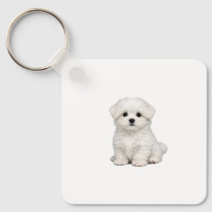 Pluizige Witte Maltezer Puppy Portret Schattige Ho Sleutelhanger