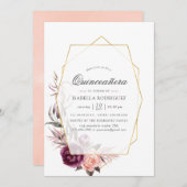Plum and Blush Floral Geometric Quinceañera Kaart (Voorkant / Achterkant)