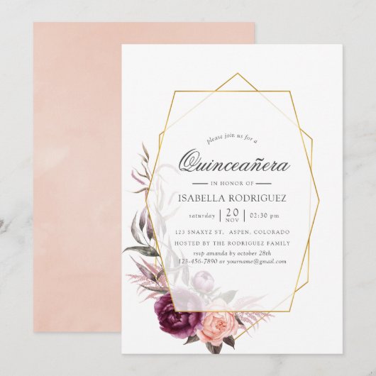 Plum and Blush Floral Geometric Quinceañera Kaart (Voorkant / Achterkant)