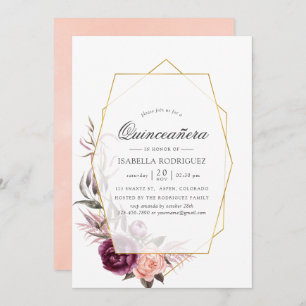 Plum and Blush Floral Geometric Quinceañera Kaart