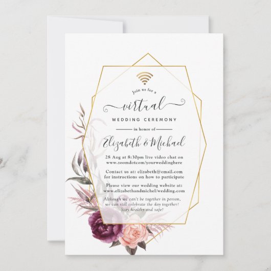 Plum and Blush Floral Geometric Virtual Wedding Kaart (Voorkant)