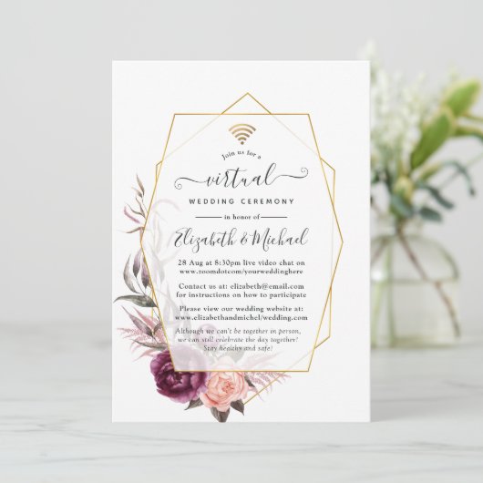 Plum and Blush Floral Geometric Virtual Wedding Kaart (Staand voorkant)